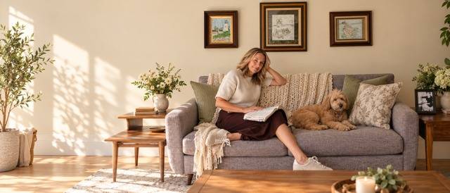 A woman reading her Bible on a cozy gray sofa beside her golden doodle, in a sunlit living room